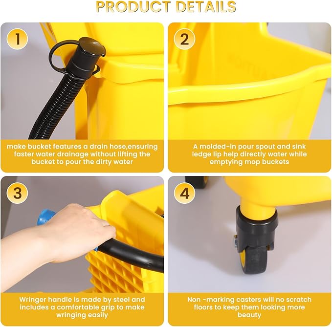 35-Quart Commercial Mop Bucket with Side Press Wringer on Wheels | Floor Cleaning , Including Commercial Mop and Mop Head Replacement,Yellow