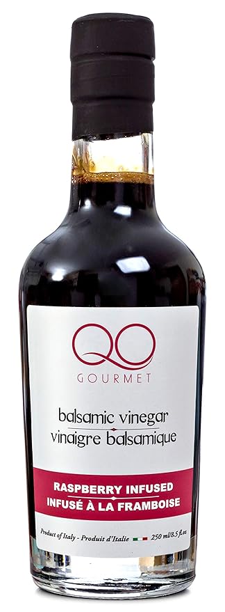 QO Gourmet Thick Flavored Aged Dense Balsamic Vinegar of Modena | High Density RASPBERRY Infused Italian Vinegar | 250ml/8.45 fl.oz. | All Natural | Produced & Bottled in Modena, Italy