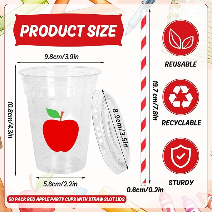 Whaline 50 Pcs Back to School Apples Disposable Plastic Cups with Lids and Straws 12 Oz Red Apples Cold Beverage Drinking Cups for First Day of School Teacher Party Supplies