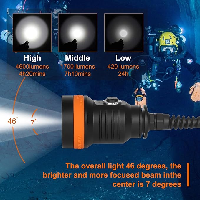 ORCATORCH D630 V2.0 4600 Lumen 5 Imported LED Primary Canister Dive Light with 7° Super Focus Beam, Straight/Side Mounted and Backmount Technical Diving Flashlight, for Cave Wreck Night Diving
