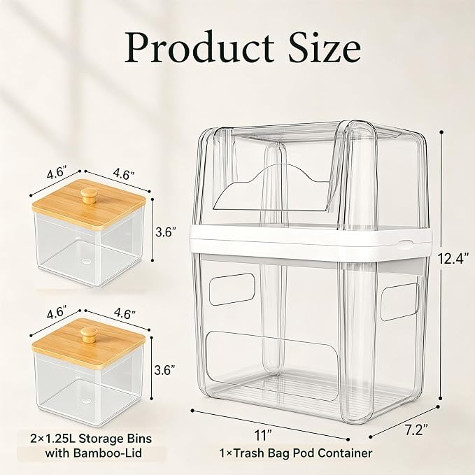 Trash Bag Holder and Dishwasher Pod Dispenser with 2 Bamboo Lid Storage Containers, Clear Acrylic Under Sink Organizer for Garbage Bags, Laundry Detergent Pods & Tabs, Kitchen Pantry Laundry Room