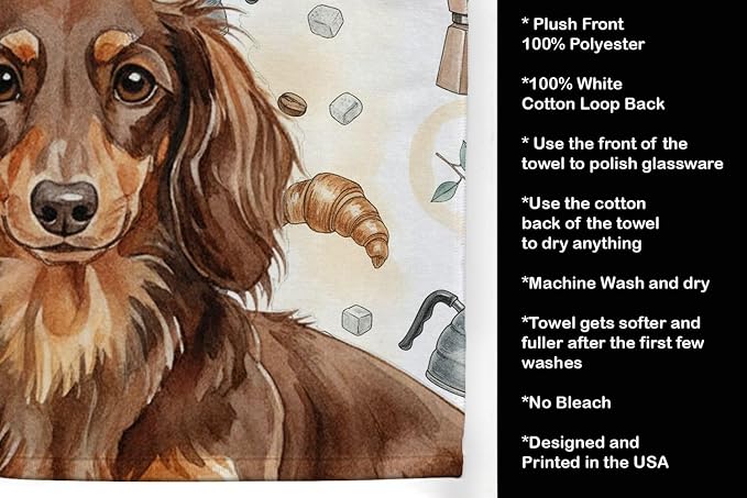 Caroline's Treasures Longhaired Chocolate and Tan Dachshund Coffee Bar Kitchen Towel Velour Plush Front and Cotton Loop Back Machine Washable