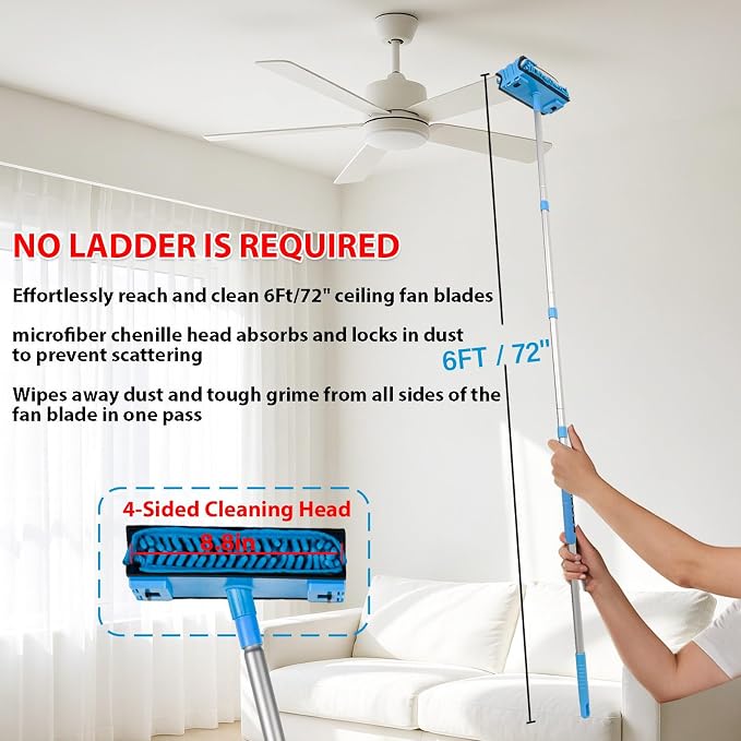 Updated Ceiling Fan Cleaner Duster with 6Ft/72in Extension Aluminum Handle | Reusable Microfiber Duster, Chenille Fan Blade Cleaner Removable Dusters for Cleaning Walls Floor, Baseboard, Cobweb