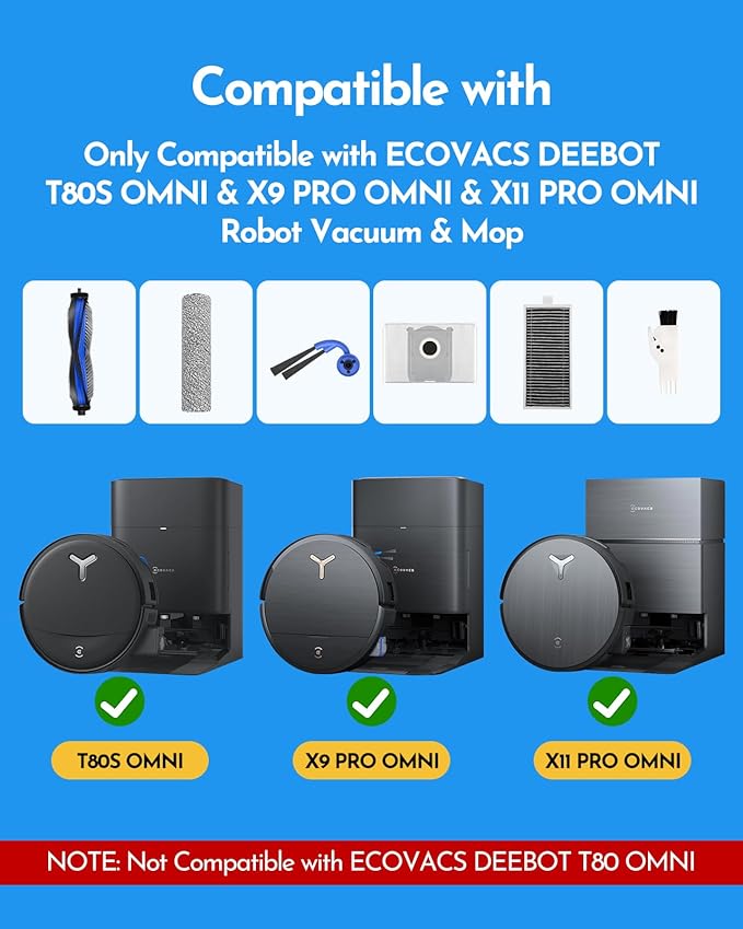 X9 Pro Omni Accessories Kit for Ecovacs Deebot T80S Omni/X9 Pro Omni/Yeedi S16 Plus Vacuum, Replacement Parts: 1 Main Brush, 3 Roller Mops, 6 Side Brushes,4 Filters, 6 Dust Bag(No X9S PRO/No T80 Omni)