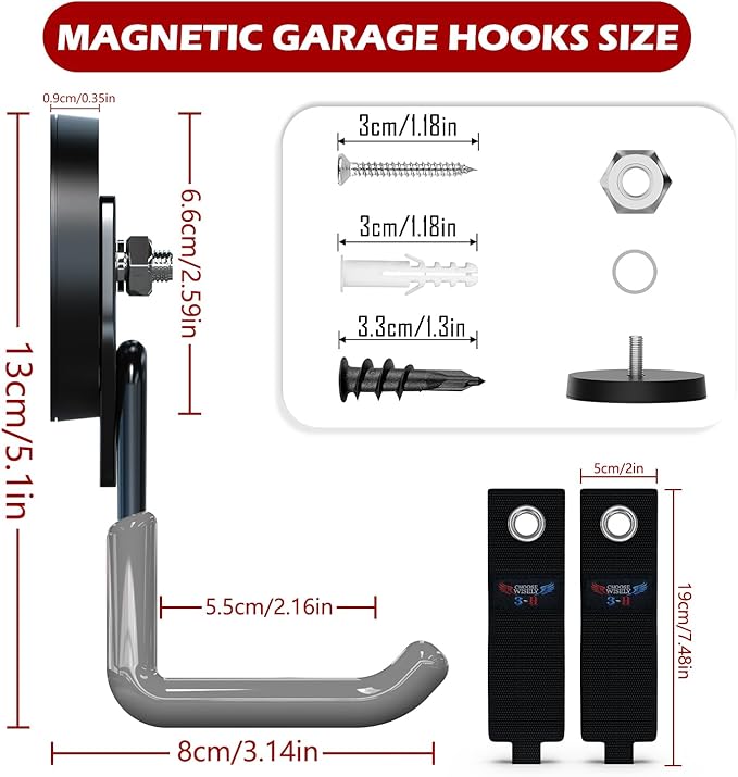 3-H Extra Strong Magnetic Hooks,Heavy Duty Large Anti-Slip Magnet Hooks,No-Drill Tool Holder for Garage,Power Drill,Garden Tools,Hose Storage,4 Pack Gray