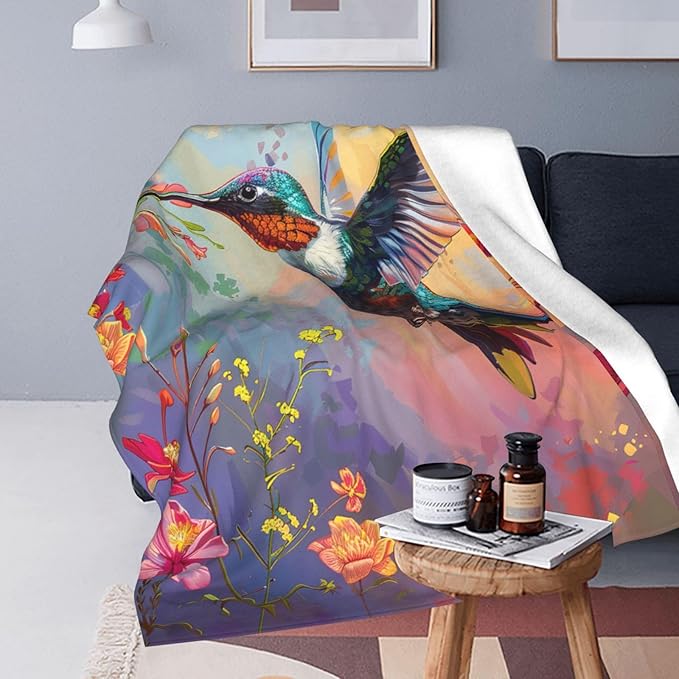 Hummingbird Flower Blanket Bird Floral Decor Throw Blanket Cozy Plush Flannel Fleece Warm Soft Lightweight Fuzzy Blanket Hummingbird Gifts for Women Girls Boys Teens for Bed Sofa Couch 50"X60"