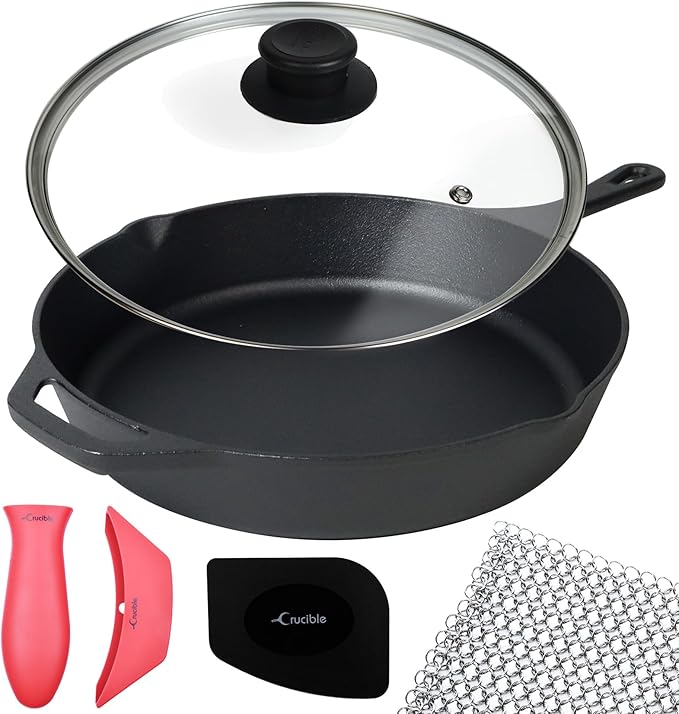 Crucible Cookware 12-Inch Cast Iron Skillet Set (Pre-Seasoned), Including Large & Assist Silicone Hot Handle Holders, Glass Lid, Cast Iron Cleaner Chainmail Scrubber, Scraper | Indoor & Outdoor Use