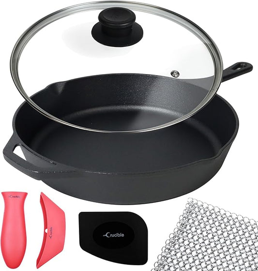 Crucible Cookware 12-Inch Cast Iron Skillet Set (Pre-Seasoned), Including Large & Assist Silicone Hot Handle Holders, Glass Lid, Cast Iron Cleaner Chainmail Scrubber, Scraper | Indoor & Outdoor Use