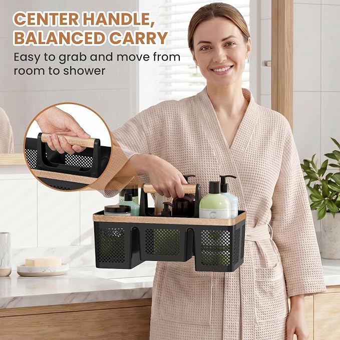 BYUNER Black Shower Caddy Portable: Plastic Bathroom Caddy Organizer with Handle and Holes, Cleaning Caddy, Hard Shower Basket Storage Tote for Toiletry, College Dorm Room Essentials for Men