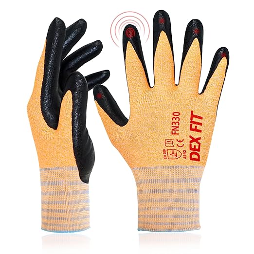DEX FIT Nitrile Work Gloves FN330, 1 Pair, 3D-Comfort Stretchy Fit, Firm Grip, Thin & Lightweight, Touch-Screen Compatible, Durable, Breathable & Cool, Machine Washable; Orange L (9)