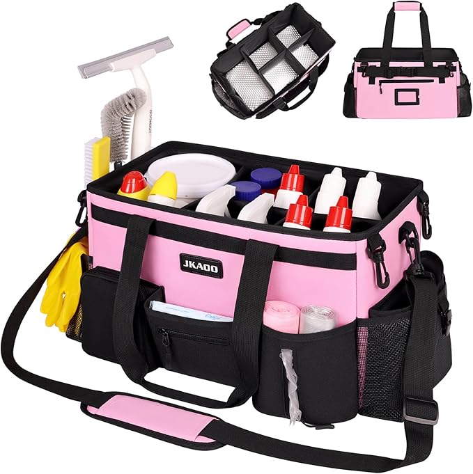 JKAOO Large Wearable Cleaning Caddy Bags,Cleaning Supplies Storage Bag with Handles and Adjustable Shoulder Strap and Removable Waist Straps,Waterproof Cleaning Bags for Home,Car,Office (Pink)