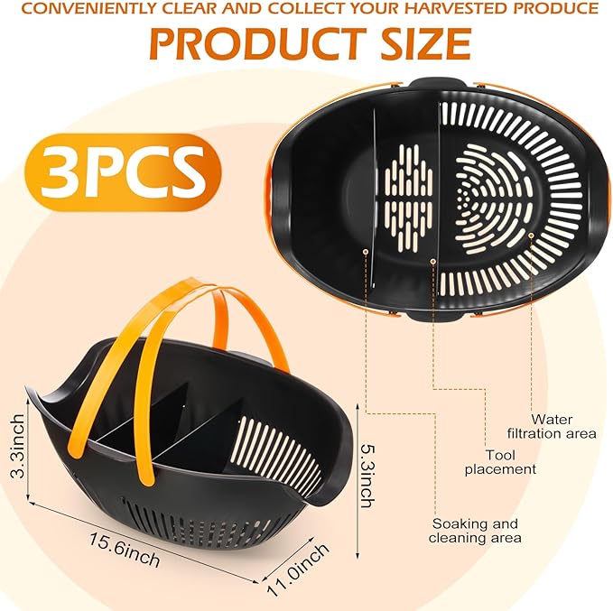 Nuogo 3 Pcs Garden Harvest Basket, Removable Partitions with Tool Caddy for Collecting, Carrying, and Cleaning Harvesting Basket Doubles as a Colander for Vegetables and Fruits Garden Accessories