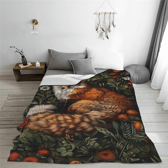 Fox Vintage Forest Throw Blanket - Comfy Plush Flannel Fleece Warm Soft Fuzzy Winter Decor - Fox Lover Gifts for Girls Boys Women Teens Adults - Bed Sofa Couch 60"X80"