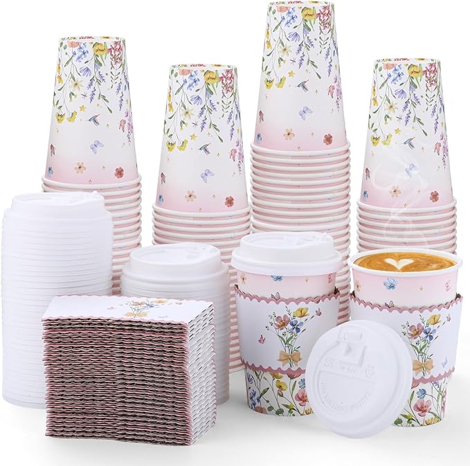 NatNarr 60 Pack Spring Wildflower Coffee Cup with Lids Sleeves, 12oz Insulated To Go Coffee Cups Disposable Butterfly Wildflower Paper Cup for Birthday Garden Wedding Baby Bridal Shower Supplies