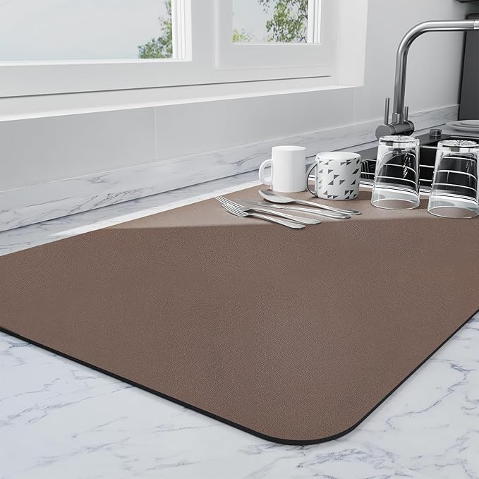 Ecotrim - Dish Drying Mat for Kitchen Counter | Coffee Bar Mat for Countertops | Heat Resistant Drainer Mat with Non-slip Rubber Backed | Hide Stain Kitchen Absorbent Draining Mat | Brown 16"x18"