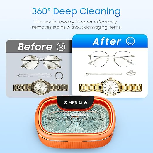 Ultrasonic Jewelry Cleaner Machine with 2×100ml Cleaning Solution, 45kHz Sonic Cleaner for Rings, Glasses & Watch Band, 550ML Stainless Steel Tank, 5 Timer, 3 Power Levels, Degas Mode-Orange