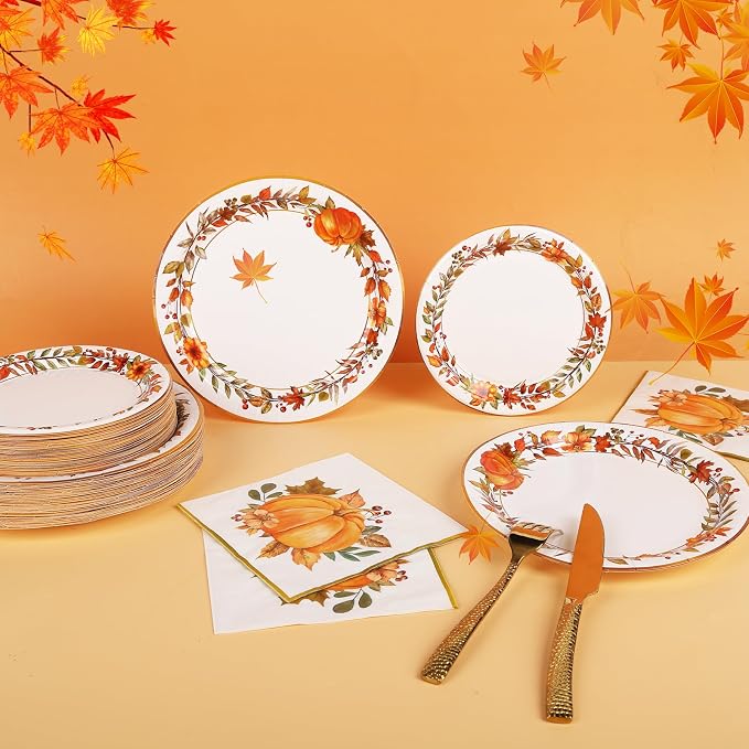 200Pcs Fall Paper Plates and Napkins Set,Thanksgiving and Pumpkin Plates Disposable Dinnerware,for Autumn Celebrations, Thanksgiving Day and Harvest Festival,Serve 50 Guests