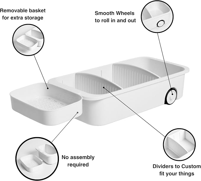 GAROOD Kitchen Under Sink Organizer Cleaning Supply Caddy Storage Bin Under Sink Caddy Rolling Cleaning Organizer with wheels Pull out tray Bathroom Organizers Storage 16.5*8*3.75 in - White 2 pack