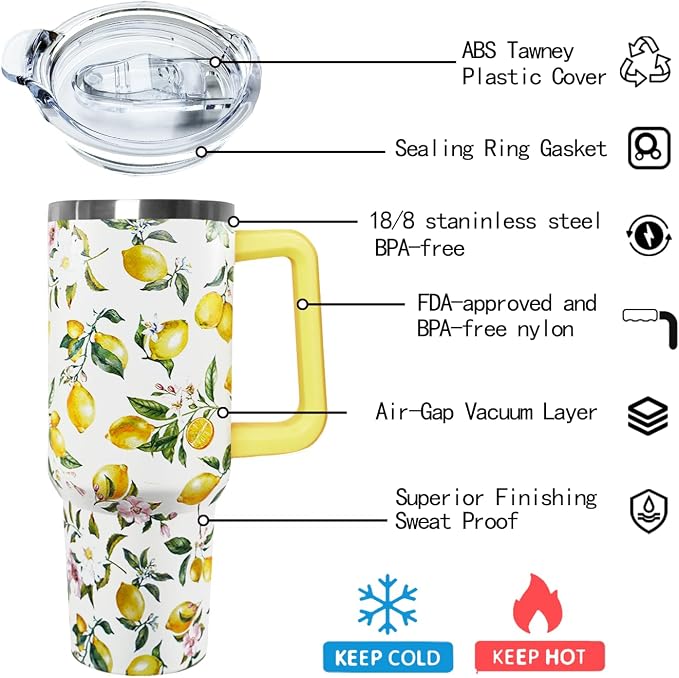 Ceovfoi 40 oz Lemon Print Stainless Steel Tumbler With Lid and Straw - Yellow Coffee Travel Mug Cup Water Bottle - Gifts for Lemon Lovers