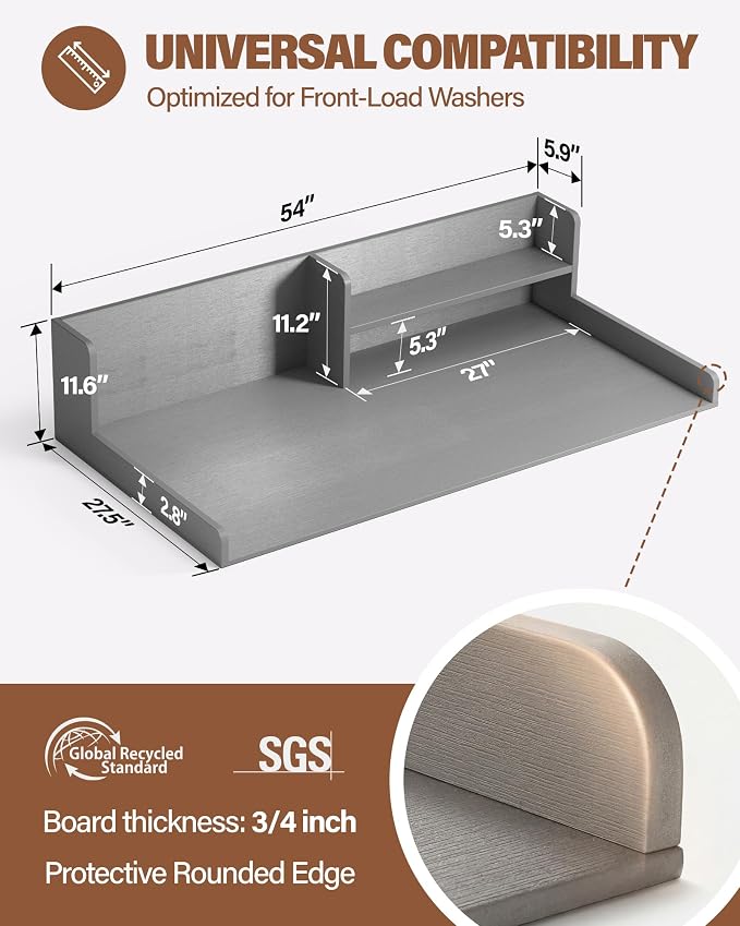 Premium HDPE Washer and Dryer countertop with Shelf 54"x27.5" | Waterproof washer dryer topper for Laundry Room Organization, Folding Clothes, Sorting & Storage
