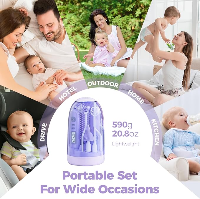 Electric Bottle Brush Cleaner,Rechargable Electric Baby Bottle Brush Cleaner with Thermometer,Silicone Bottle/Nipple/Straw Brush,Drying Rack,Travel Bottle Cleaner Kit for New Moms (Violet)