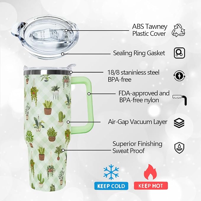 Ceovfoi 40oz Cactus Themed Insulated Tumbler with Handle, Coffee Mug Water Bottle with Lid Straw, Botanical Decor & Plant Enthusiast Gifts