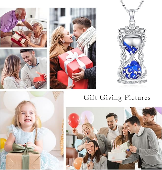 Hourglass Necklace 925 Sterling Silver Sun Moon Star Time Hourglass Pendant Necklaces Blue Memorial Jewelry for Women With 18+2 In Chain