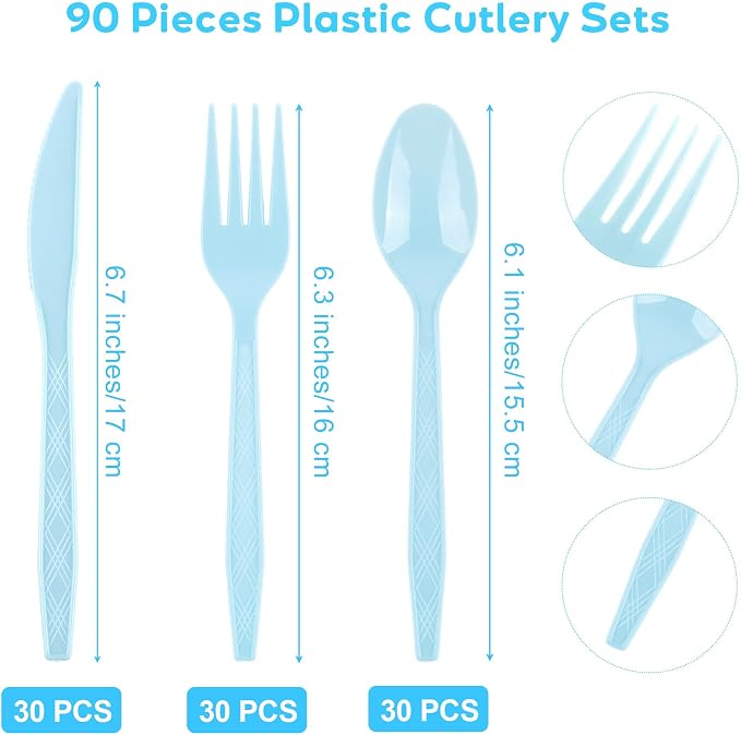 Kochorie 90 Pieces Light Blue Plastic Cutlery Set Disposable Plastic Utensils Heavy Duty Flatware Set Includes 30 Knives 30 Forks 30 Spoons for Wedding Birthday Baby Shower Party Supplies