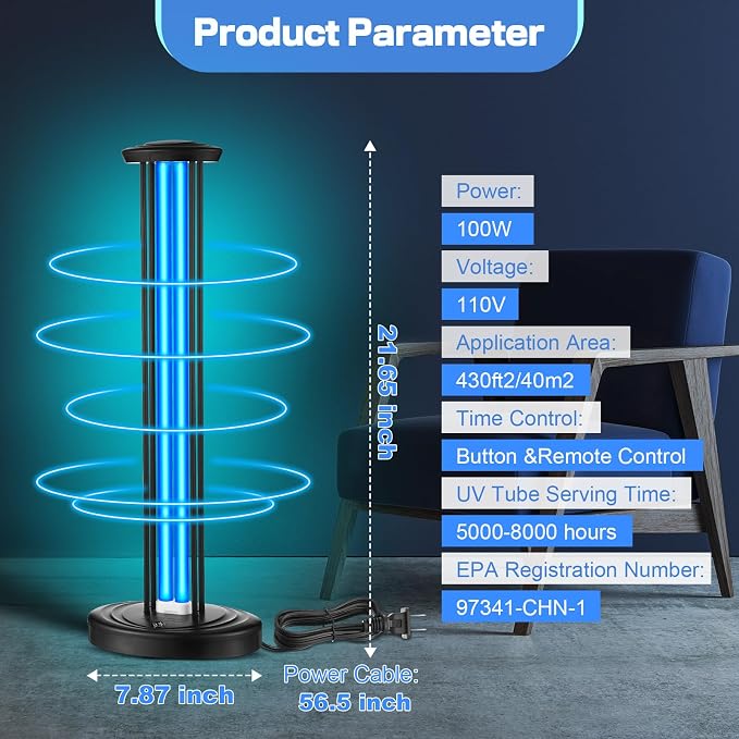 Qualirey 100W UV & Ozone Sanitizer, High Power Room Disinfection Light with 3 Level Timer & Remote, Whole Room Disinfection for Large Spaces, Offices & Basements