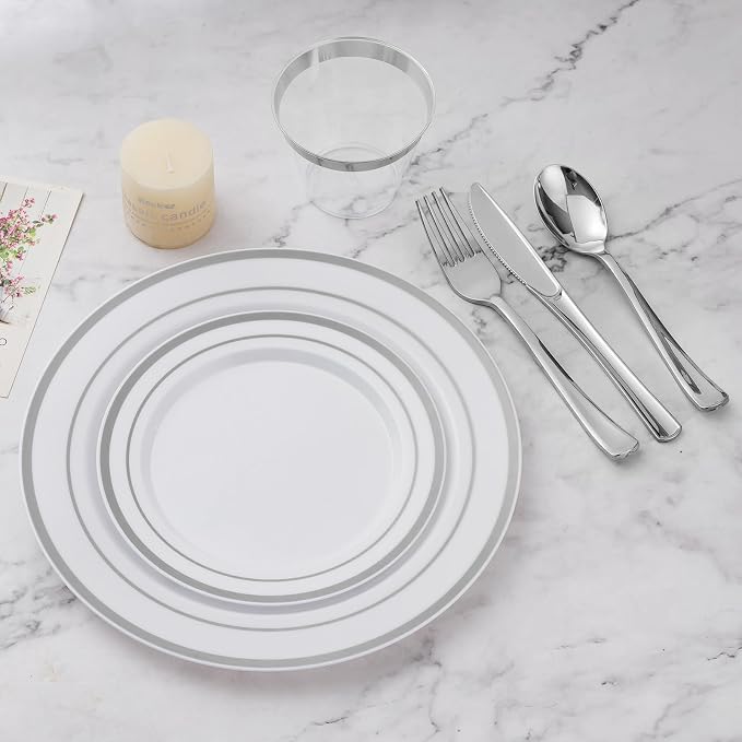 BESTVIP 600PCS Silver Dinnerware Set for 100 Guests, Plastic Plates for Party, 100 Silver Disposable Plates, 100 Dessert Plates, 100 Cups, 100 Spoons, 100 Forks and 100 Knives