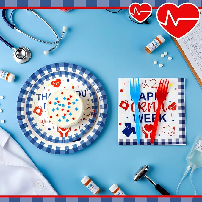 Remerry 96 Pcs Happy CRNA Week Party Supplies Nurse Anesthetist Appreciation Plates and Napkins Set Decoration Thank You Staff Disposable Plates for CRNA Week Party Supplies