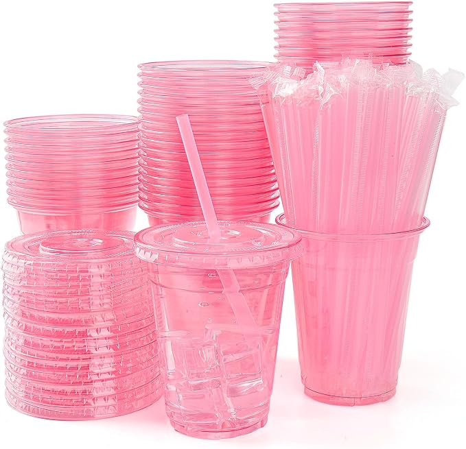 100 Set Pink Plastic Cups with Lids and Straws 12 oz Disposable Drinking Clear Cups for Wedding Pink Birthday Party Supplies