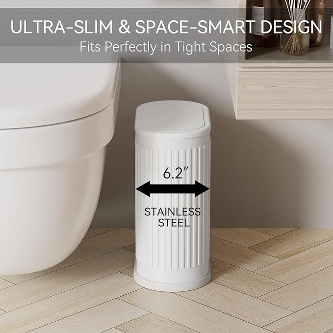Small Bathroom Trash Can with Toilet Brush, 1.6 Gallon Black Stainless Steel Garbage Can with Lid,Slim Wastebasket with Shower Caddy for Bathroom Bedroom