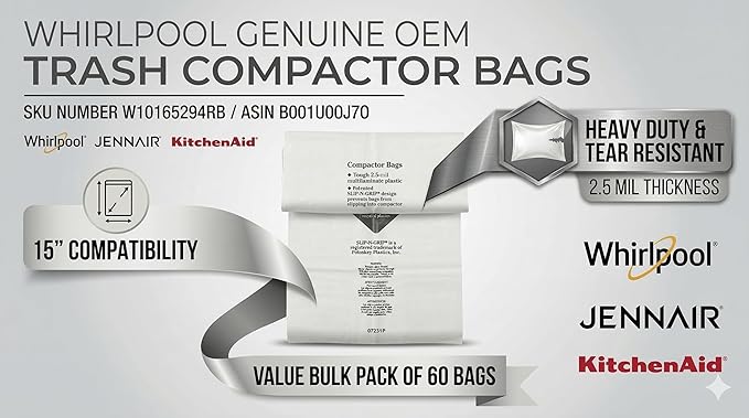 Whirlpool W10165294RB Genuine OEM Trash Compactor Bags (60-Pack) – Heavy-Duty 15-Inch Replacement Bags – Fits KitchenAid, Maytag, JennAir, & Kenmore – 3 Mil Thick, Slip-N-Grip Leak-Proof Design