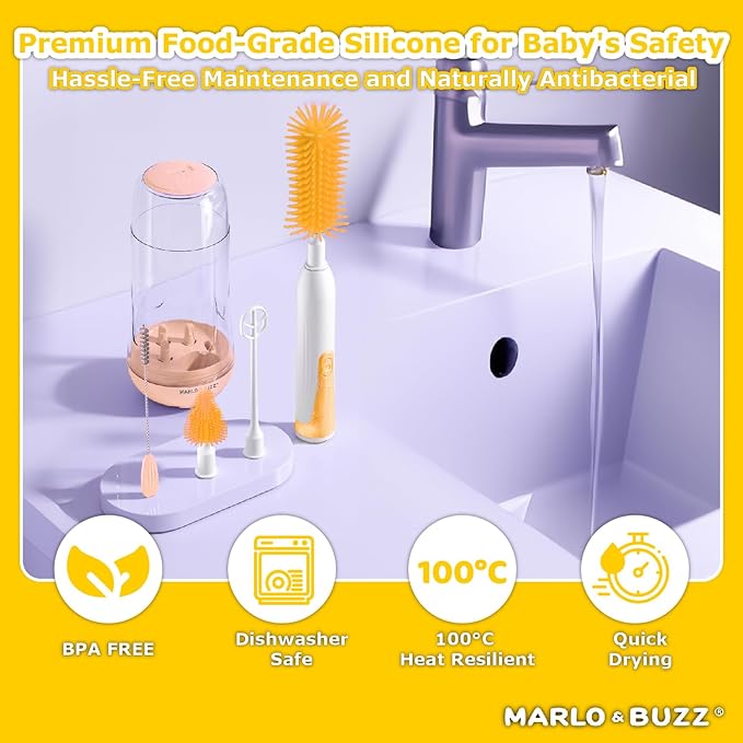 Marlo & Buzz Electric Baby Bottle Brush Cleaner Set, Rechargeable Waterproof Silicone Brushes with Large Bottle Brush, Nipple Brush, Straw Brush, Milk Stirrer, Drying Rack (Yellow)