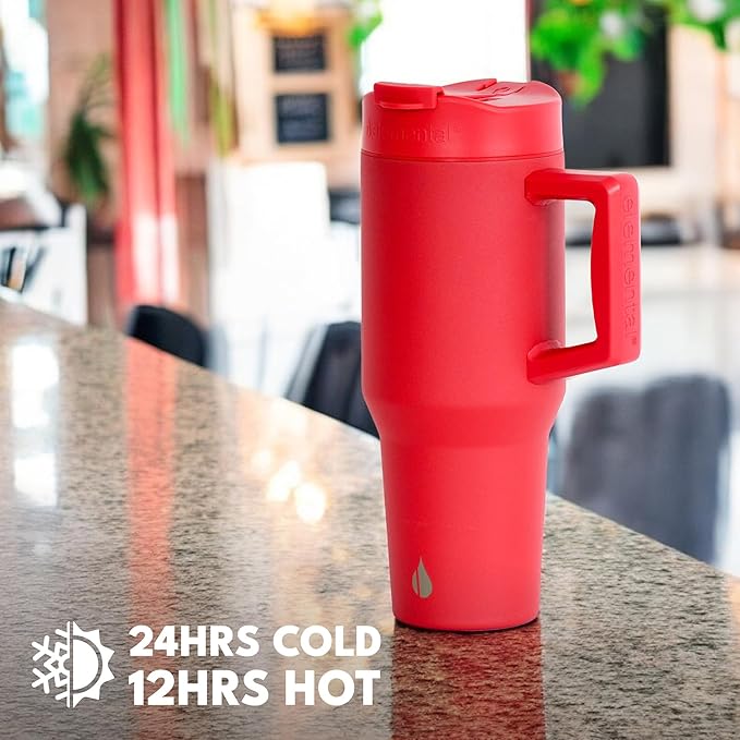 Elemental 32 oz 100% Leak Proof Tumbler with Handle & Straw - Stainless Steel Double Wall Insulated Tumbler for Hot and Cold Beverages - Travel Coffee Mug with Sip & Straw Lid - Red