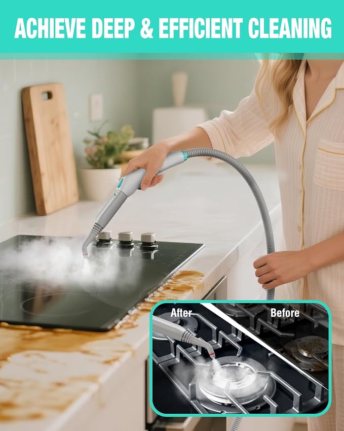 HAUSHOF 1500W Steam Cleaner, 4-Bar Pressurized Portable Steamer with 1.5L Large Tank, Wheels and 16 Accessories, Multi-Purpose Steam Cleaner for Car Detailing, Floors, Tile, Grout & Grease