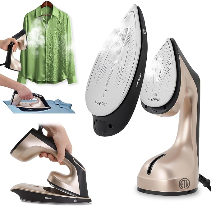 True & Tidy 2-in-1 Iron and Handheld Steamer, 1600W Dual Heating System with Ceramic-Coated Plate, LCD Display, No-Drip Technology, 3 Fabric Modes, Portable Garment Steamer for Home & Travel