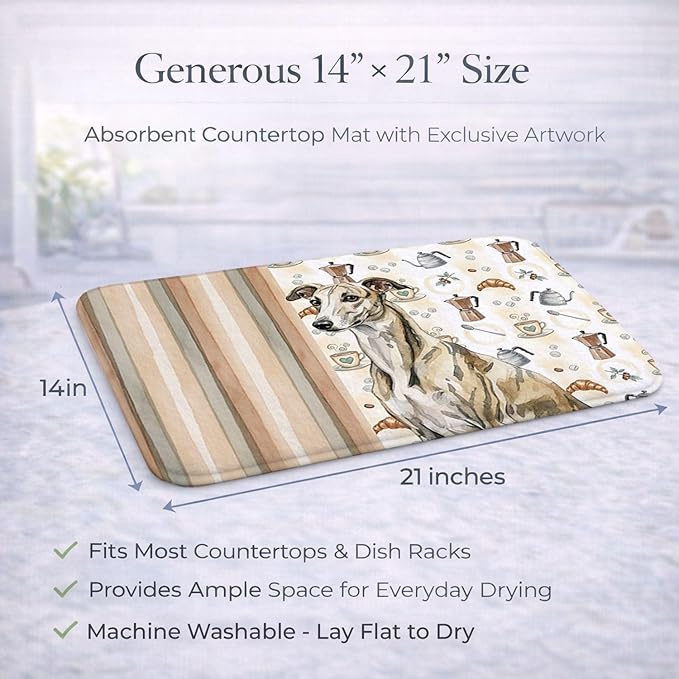 Caroline's Treasures Brindle Whippet Coffee Bar Dish Drying Mat Absorbent Dish Drying Mat Pad for Kitchen Counter Dish Drainer Mat for Countertop, 14 x 21", Multicolor