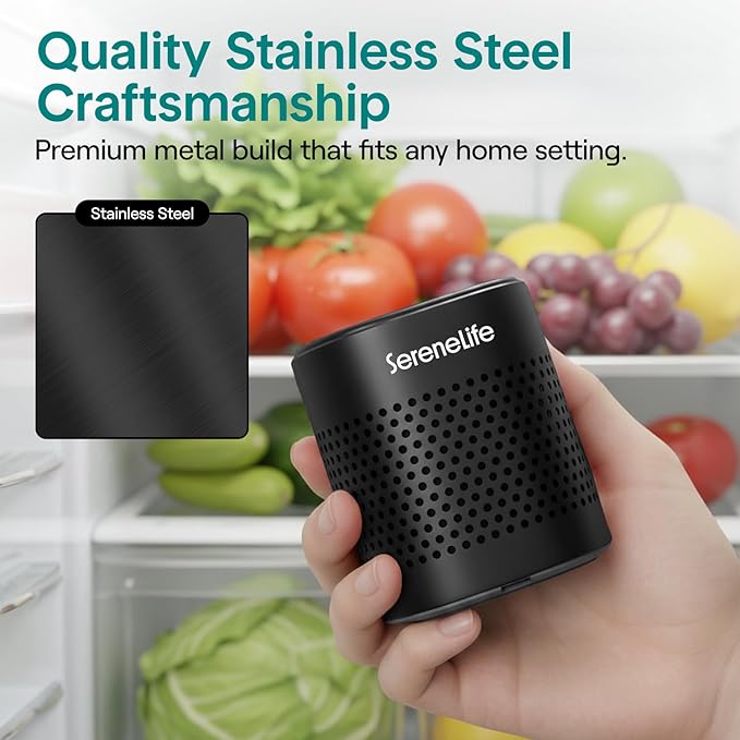 SereneLife Fridge Deodorizer & Odor Eliminator, Multi-Use Refrigerator Deodorizer Aluminum Pod for Freezer, Closet, Car, Shoes & Enclosed Spaces, Compact, Reusable & Lasts Up to 10 Years (Black)