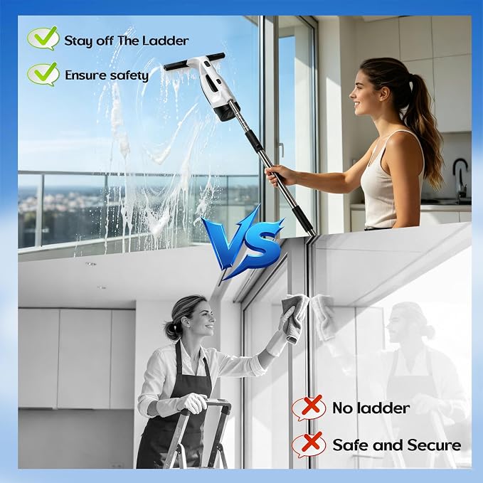 Window Vacuum Squeegee Cordless, 2200mAh Electric Window Squeegee Vacuum with 0.8-1M Extendable Pole, 2000Pa Window Sill Cleaning Tools, for High Windows, Shower Glass, Car, Kitchen