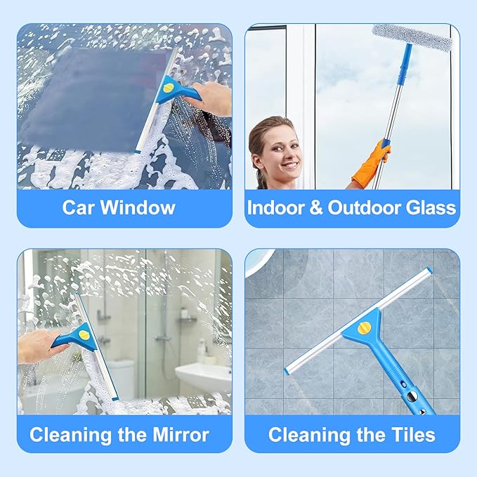Longzhuo 10 ft Professional Window Washing Kit with Extension Pole, 2 in 1 Squeegee for Window Cleaning Kit for Indoor/Outdoor High Window Glass, Car Windshield Cleaner Tool