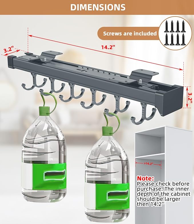 Pull Out Broom Holder, Multifunctional Slide Broom And Mop Storage/Organizer With Adjustable Double Row Sliding Hook, Garage Organization Hooks, for Closet Laundry Garage - Dark grey - 36cm