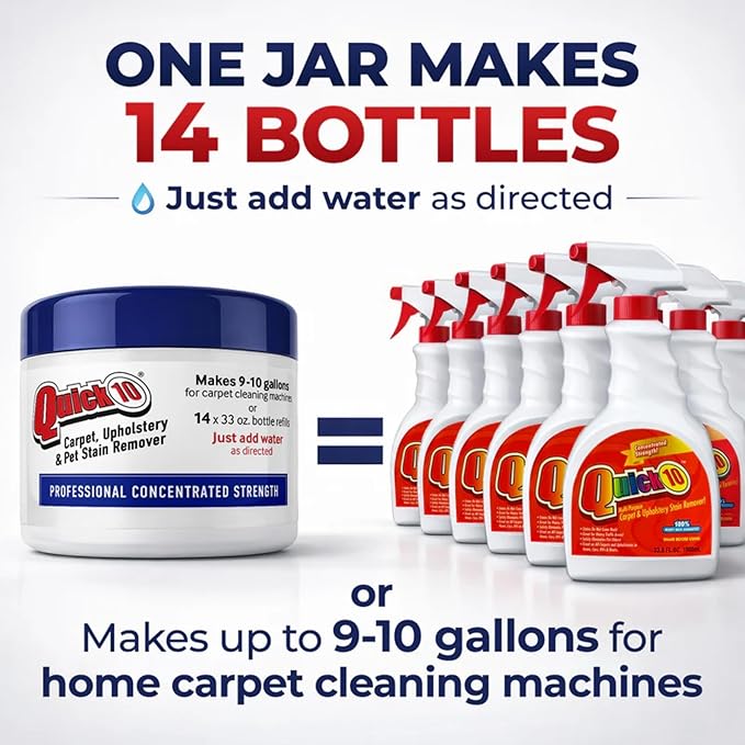 Quick 10 Carpet & Upholstery Cleaner Concentrate Refill Jar - Professional Strength Stain Remover for Pet Odors, Coffee, Wine, Food & Blood – Safe for Fabric, Leather, Walls & Vinyl
