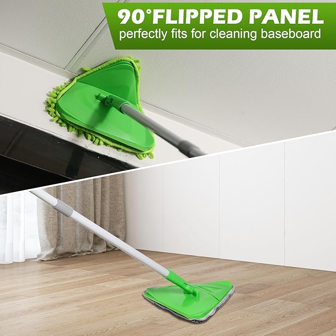 Wall Cleaner Triangle Mop with 82'' Long Handle - Wall Scrubber, Cleaning Washer Tool with 4 Microfiber Chenille Duster Pads for Clean Walls, Ceiling, Windows, Baseboards, Floors (Green, 6 Pads)