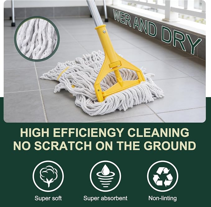 KeFanta Commercial Mop Heavy Duty Industrial Wet Mops,Looped-End String Cotton Mop Replacement Head with 59" Long Handle,for Home,Kitchen,Garage,Office,Workshop,Warehouse Floor Cleaning(2 Pack)