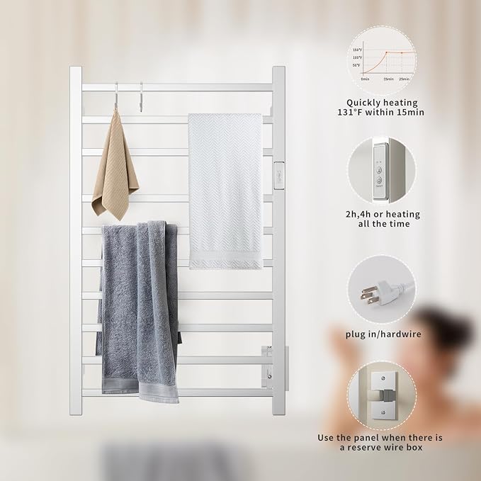 Wall Mounted Towel Warmer Square 10 Bars with Plug-in and Hardwired Options 3 Working Modes Mirror Polished Stainless Steel 21" W 34" H