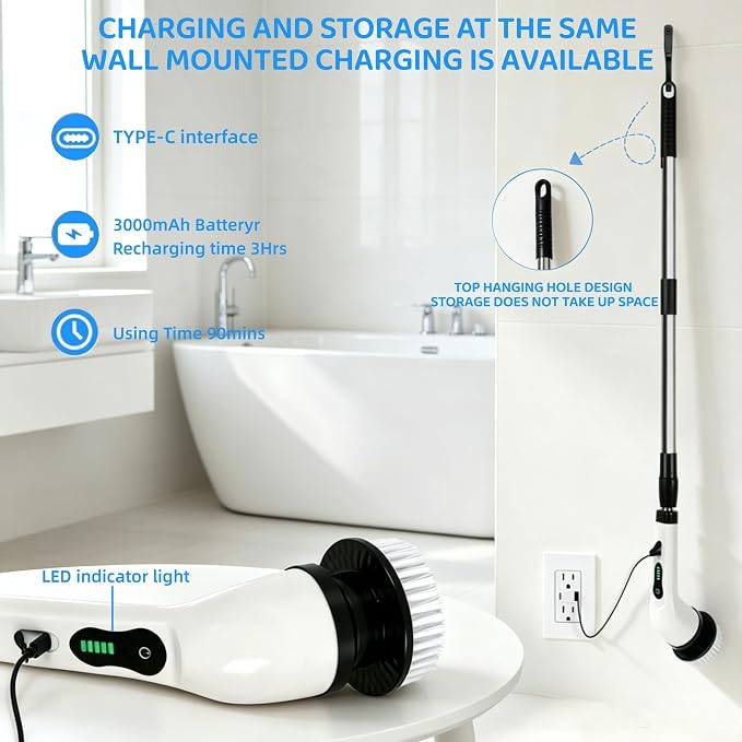 Electric Spin Scrubber, IPX7 6 Replaceable Heads, Telescoping Handle | Cordless & Rechargeable, 2-Speed Powerful Scrubbing, Perfect for Bathroom Kitchen Car Cleaning
