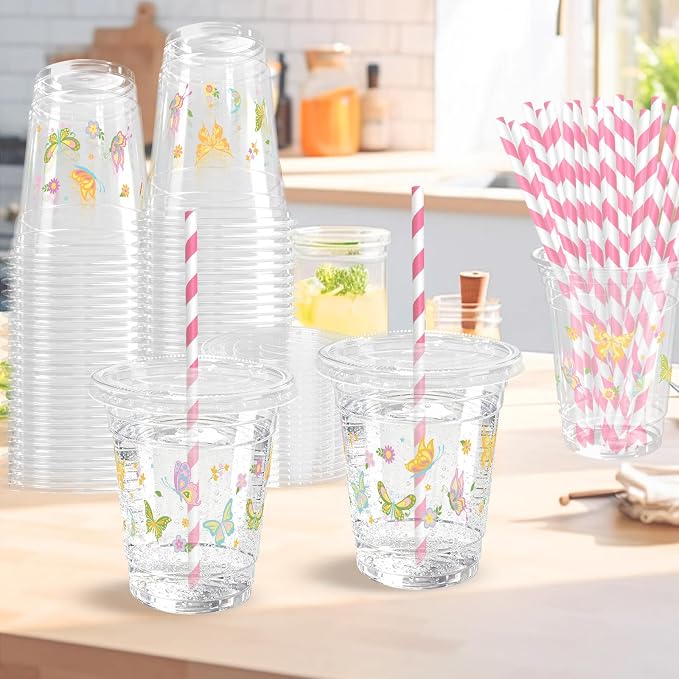 50 Sets Butterfly Plastic Cups with Lids Straws 12 oz Floral Butterfliy Disposable Cups Spring Flower Party Favor Drinking Beverage Cup for Baby Shower Birthday Party Supplies