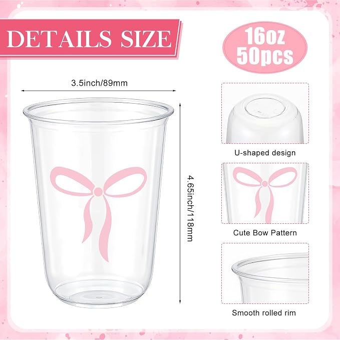 Ziliny 50 Pcs 16oz Cute Pink Bow Cups Birthday Party Decorations Supplies Disposable Plastic Cups for Bachelorette Party Valentines Galentines Day Christmas Wedding Baby Shower
